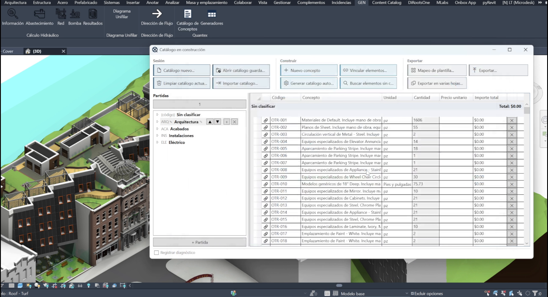 Catálogo de conceptos de Quantex dentro de Revit